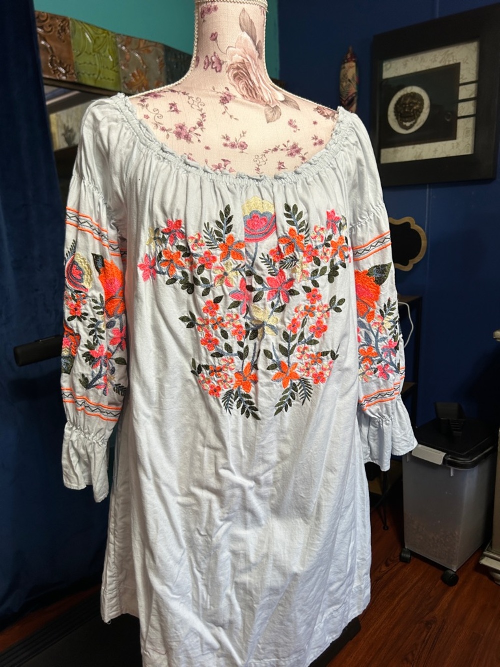 White Boho Embroidered Peasant Dress with Floral Motif
